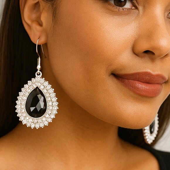 Paparazzi Black Teardrop Crystal Halo Earrings – Silver Glam Statement Dangles - Picture 1 of 2